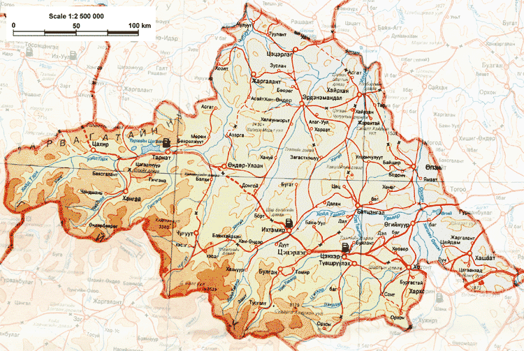 Карта Архангай аймака Монголии.